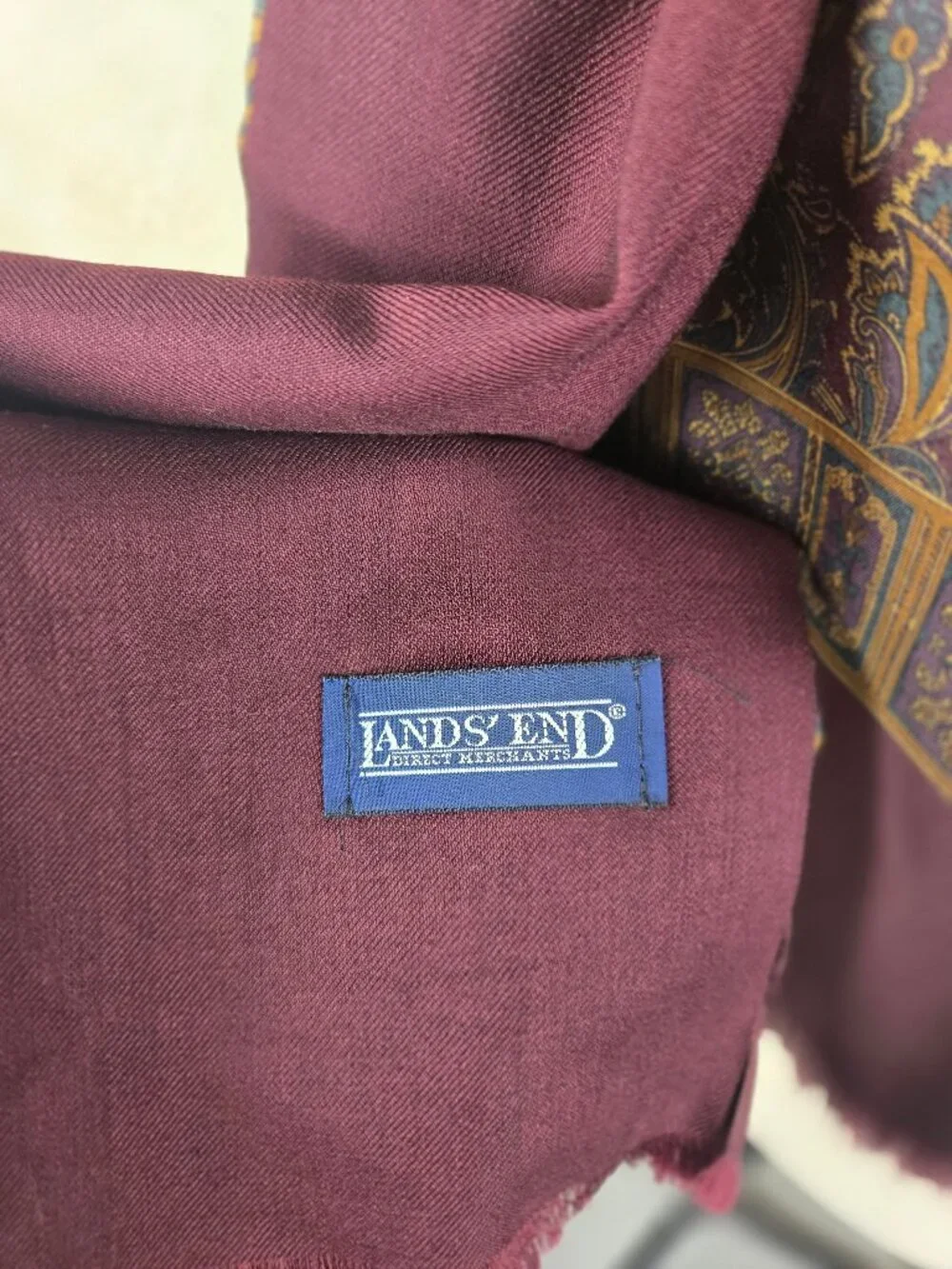Lands' End Reversible Oblong Scarf Paisley/Solid Silk/Wool Small Fringe Gifts
